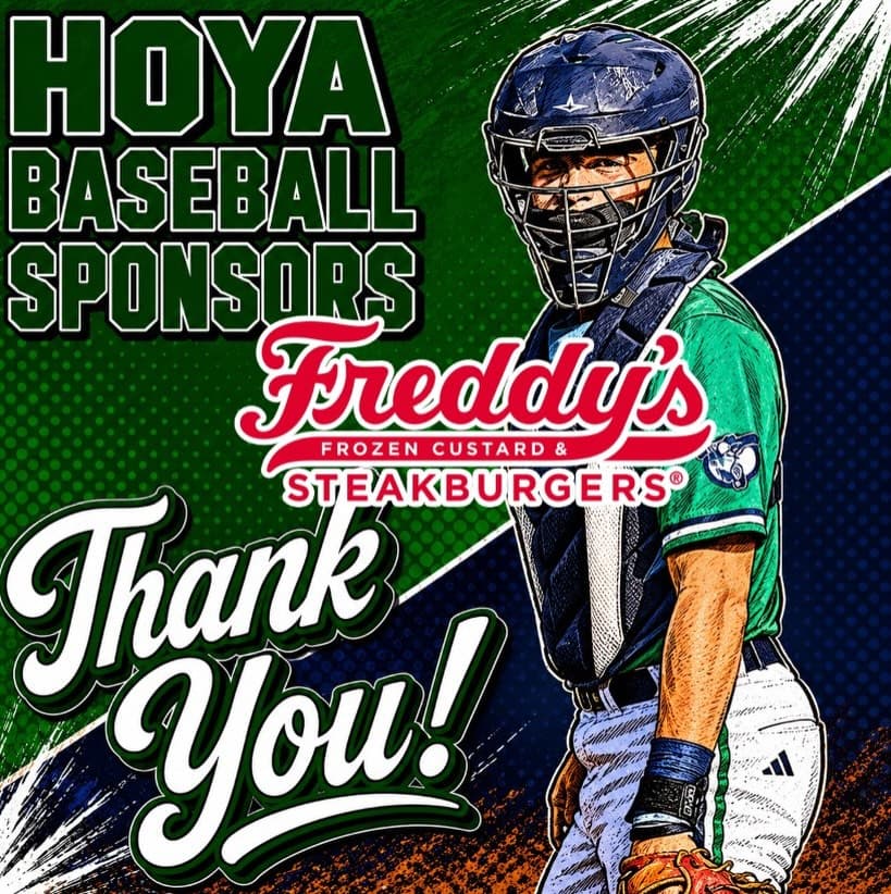 Thank you Freddy’s for being a Hoya Baseball Sponsor.
You too can be a Hoya Baseball Sponsor: see link
https://www.harrisonhoyabaseball.